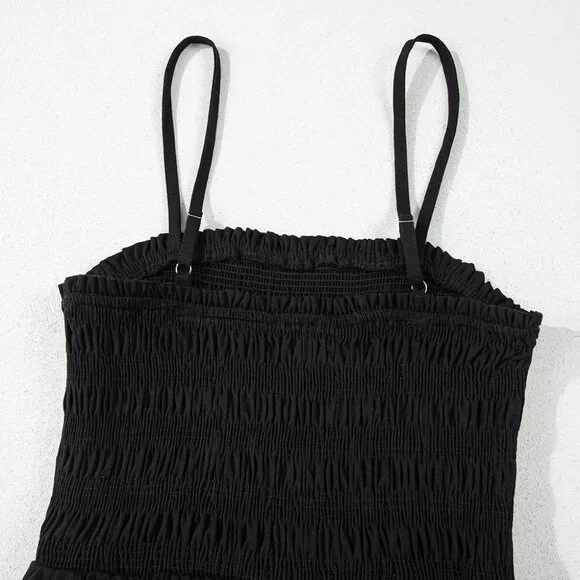 B249 Black Spaghetti Straps Shirred Bodice Pocketed Wide Leg Jumpsuit - Picture 15 of 16